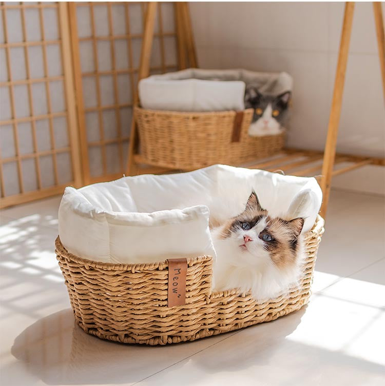 北欧風手編み猫ベッド/犬ベッド 天然素材 ペットベッド クッション付き