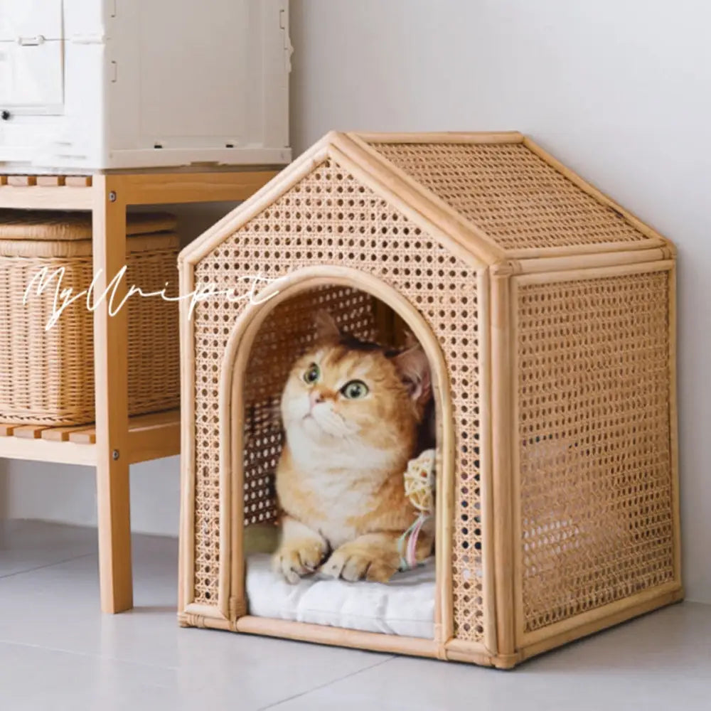 高級天然藤 猫用・犬用ハウス 手編みラタンベッド 北欧風犬用ベッド 猫用ベッド