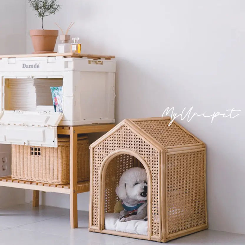 高級天然藤 猫用・犬用ハウス 手編みラタンベッド 北欧風犬用ベッド 猫用ベッド