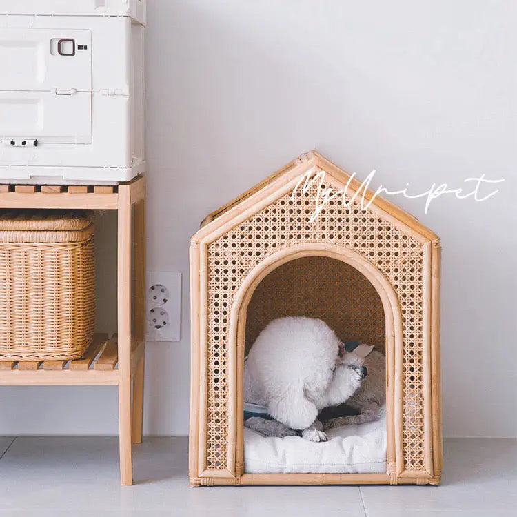 高級天然藤 猫用・犬用ハウス 手編みラタンベッド 北欧風犬用ベッド 猫用ベッド