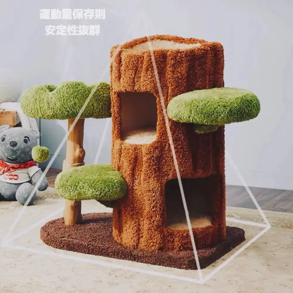 【木にのる】ベッド付きキャットタワー 無垢材 北欧風天然木 添え置き(翌日発送可能)