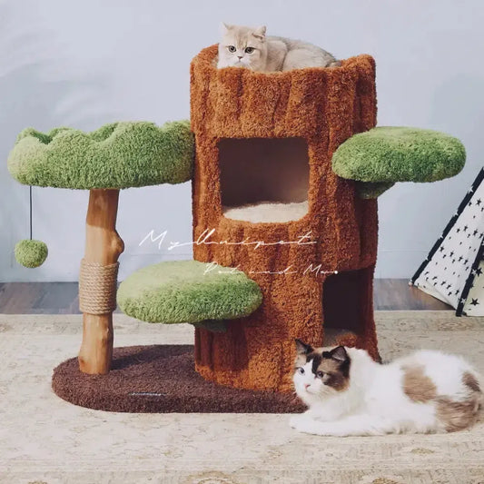 【木にのる】ベッド付きキャットタワー 無垢材 北欧風天然木 添え置き(翌日発送可能)