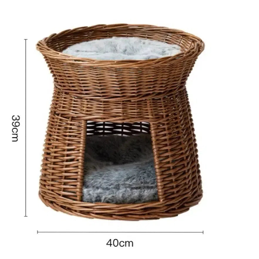 手編み猫用2段ラタンベッド 天然籐 猫多頭飼い ダブルベッド