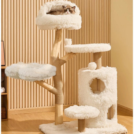 【雲にのる】北欧風 無垢材ベッド付き天然木キャットタワー (翌営業日発送可能)