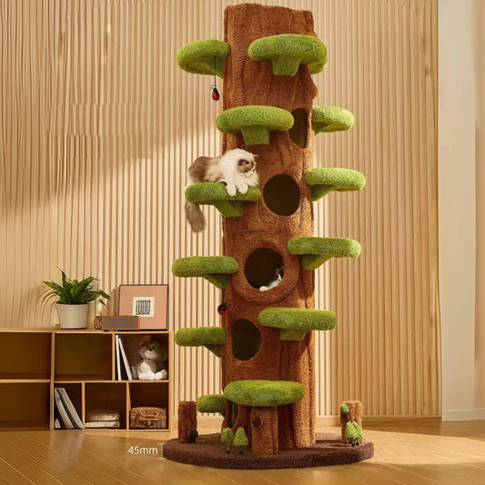 木にのる通天タワーの全体像。木の幹と緑の葉を再現した多頭飼い対応デザイン