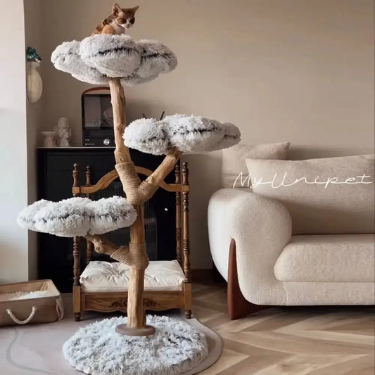 【雲にのる】落ち着いた色合いのグレー、3段無垢材天然木キャットタワーの全体図