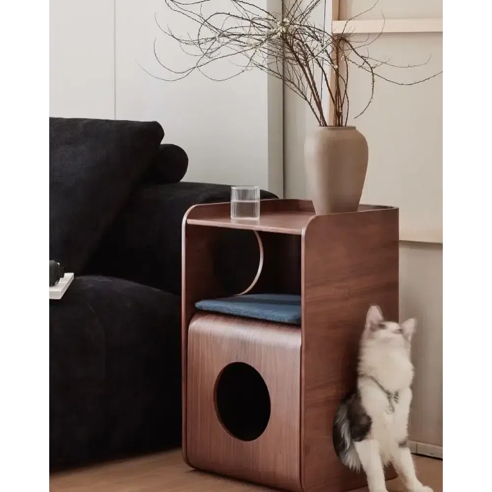 ペットと過ごす曲げ木サイドテーブル 椅子 多目的ペット家具 北欧 おしゃれ 猫ベッド/犬ベッド マット付き 天然木