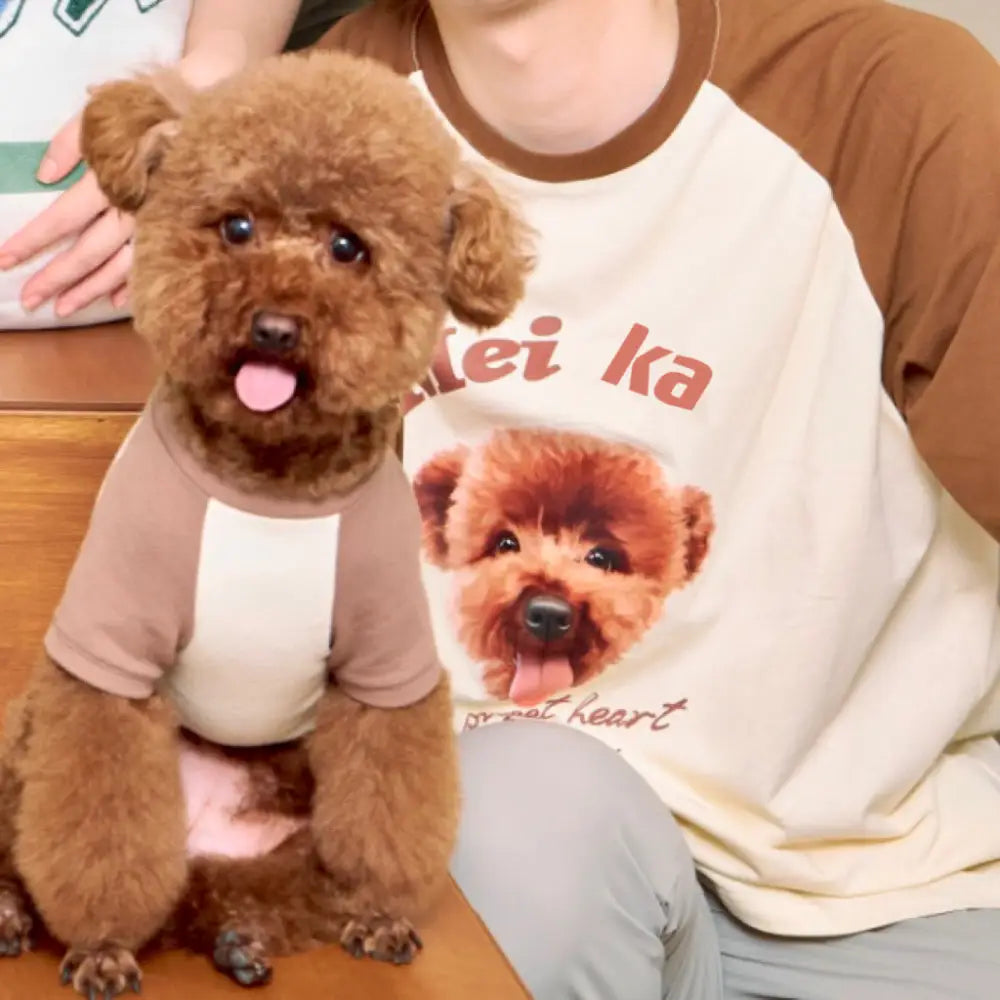 【うちの子ペアルック切り替えTシャツ】 犬用/猫用お揃い洋服 半袖夏用Tシャツ うちの子写真をイラスト オーダーメイドうちの子オリジナルグッズ