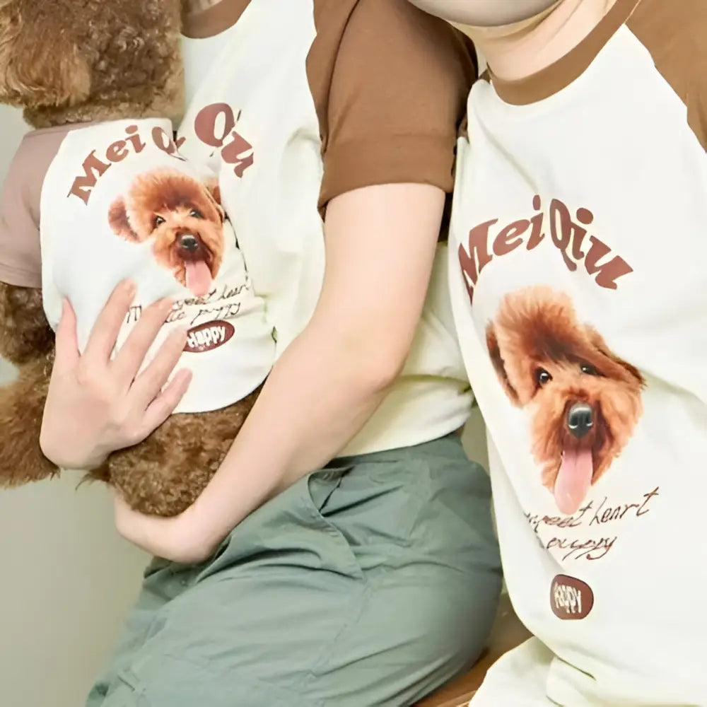【うちの子ペアルック切り替えTシャツ】 犬用/猫用お揃い洋服 半袖夏用Tシャツ うちの子写真をイラスト オーダーメイドうちの子オリジナルグッズ