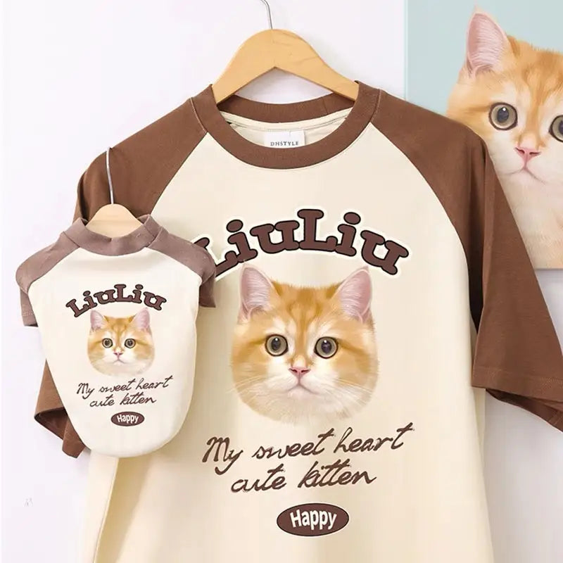 【うちの子ペアルック切り替えTシャツ】 犬用/猫用お揃い洋服 半袖夏用Tシャツ うちの子写真をイラスト オーダーメイドうちの子オリジナルグッズ