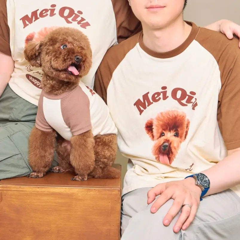 【うちの子ペアルック切り替えTシャツ】 犬用/猫用お揃い洋服 半袖夏用Tシャツ うちの子写真をイラスト オーダーメイドうちの子オリジナルグッズ