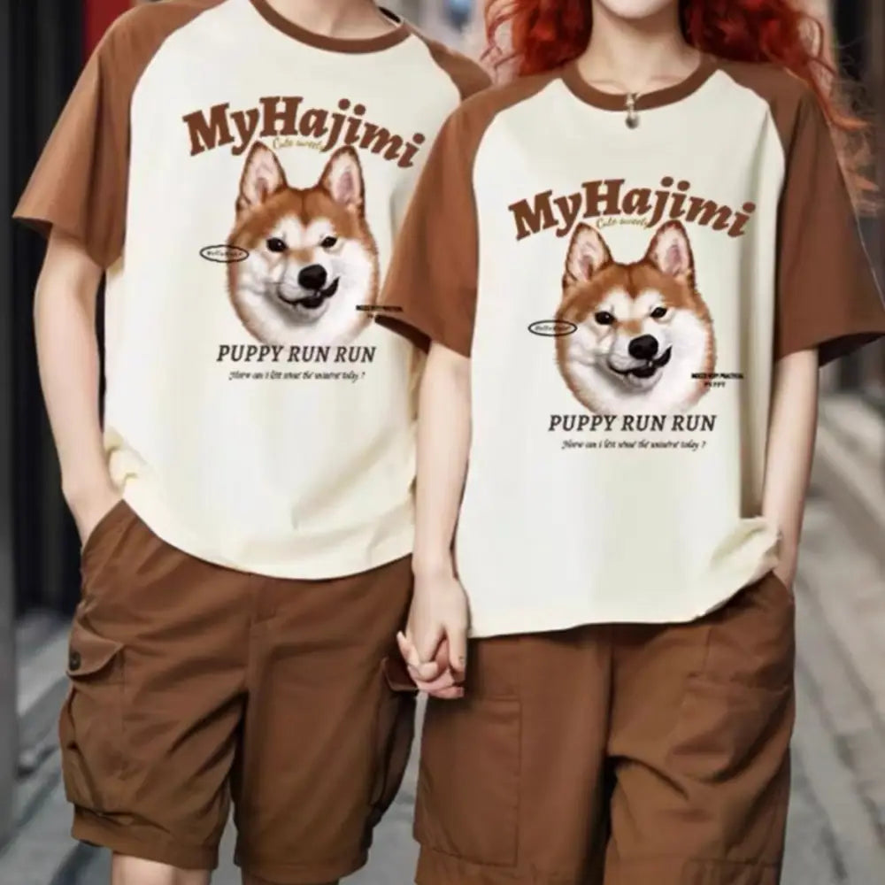 【うちの子ペアルック切り替えTシャツ】 犬用/猫用お揃い洋服 半袖夏用Tシャツ うちの子写真をイラスト オーダーメイドうちの子オリジナルグッズ
