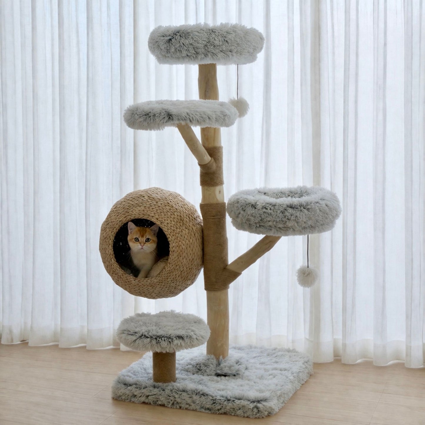 【雲にのる】 浮雲ハウス 空中藤編みハウス付き・天然木キャットタワー（翌営業日発送可能）