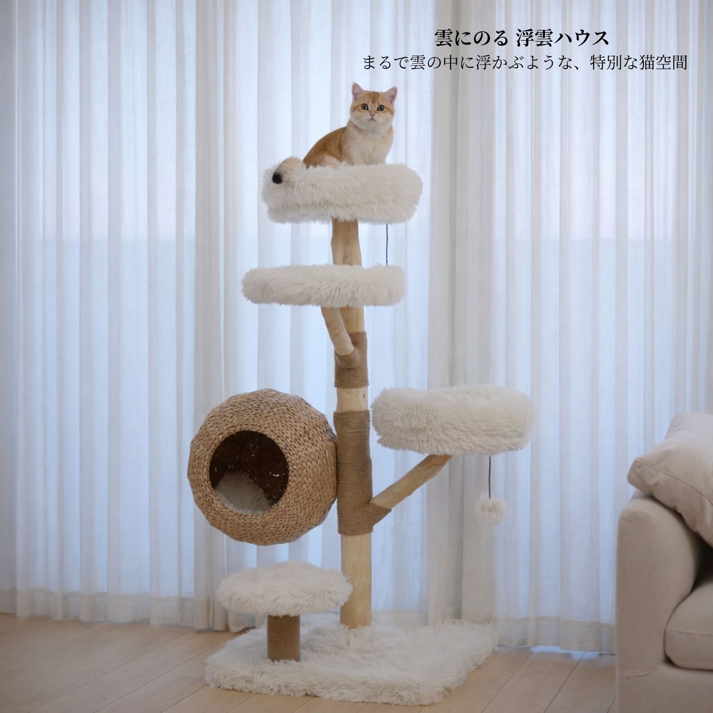【雲にのる】 浮雲ハウス 空中藤編みハウス付き・天然木キャットタワー（翌営業日発送可能）