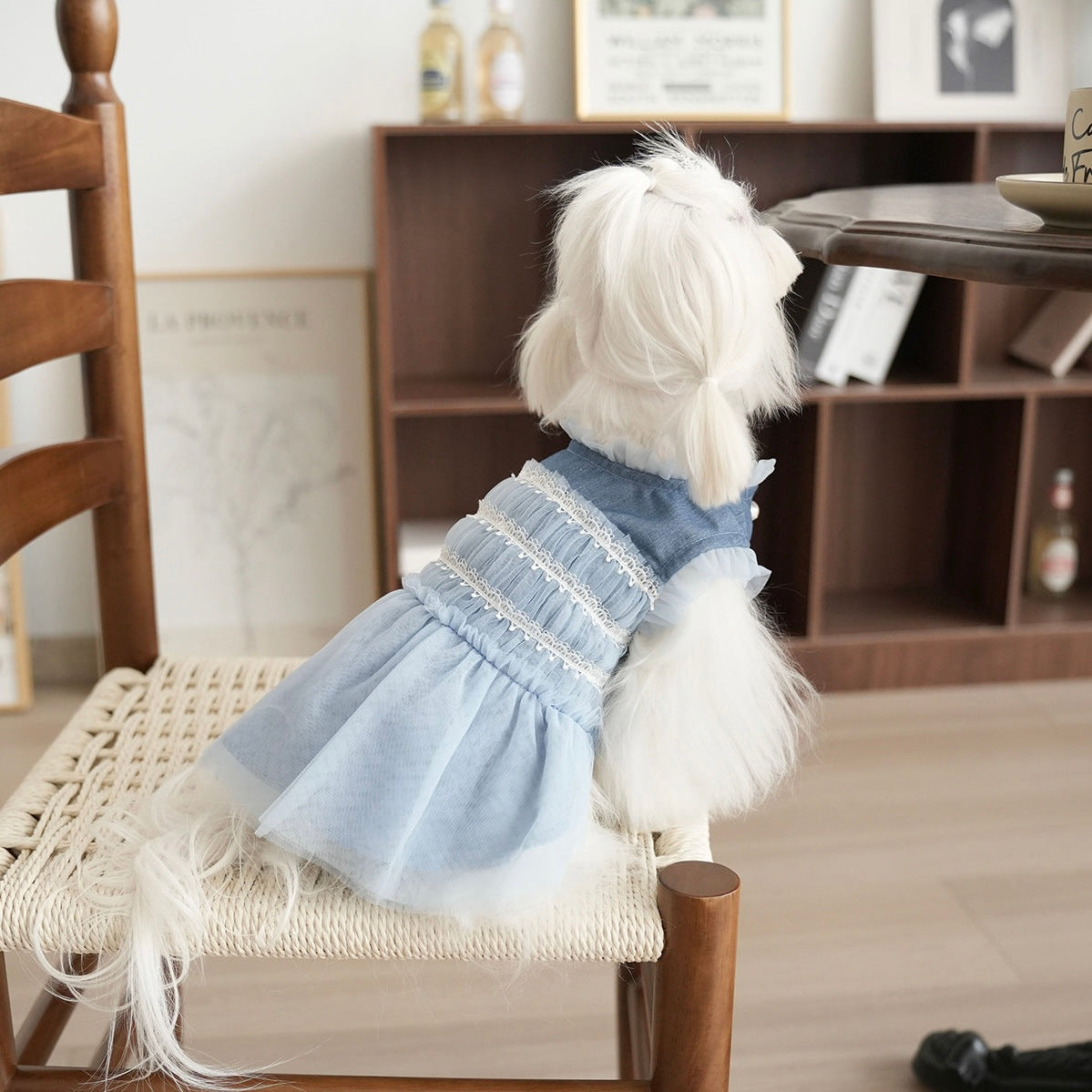 ブルーデニム×チュールの小型犬ドレス｜おしゃれな犬用パーティー服 犬用ワンピース・5サイズ