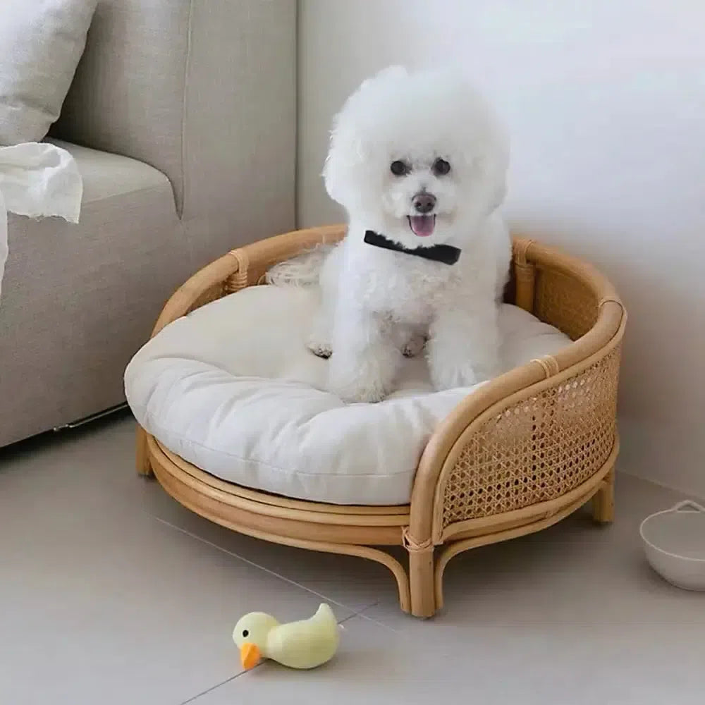 高級天然藤 脚付ラウンドベッド 手編みラタンベッド 北欧風犬用 高級天然藤 脚付ラウンドベッド 手編みラタンベッド 北欧風犬用