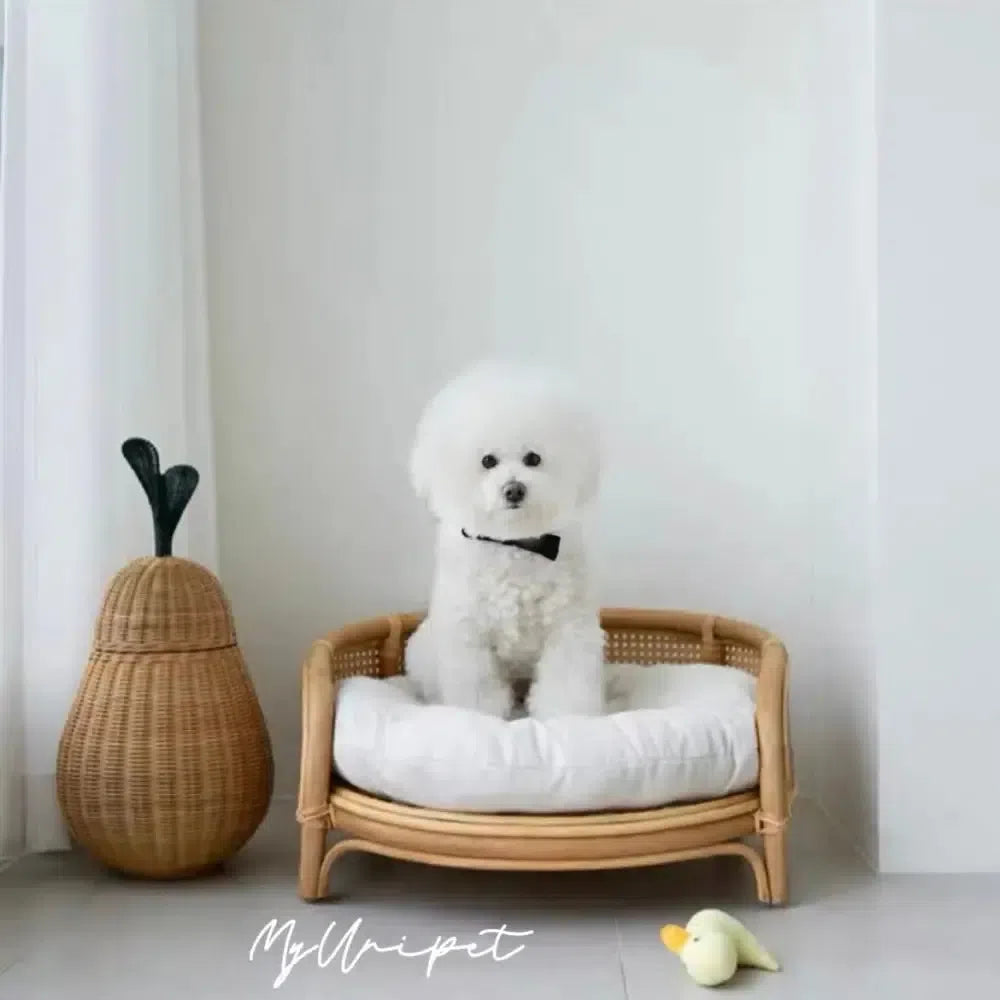 高級天然藤 脚付ラウンドベッド 手編みラタンベッド 北欧風犬用ベッド