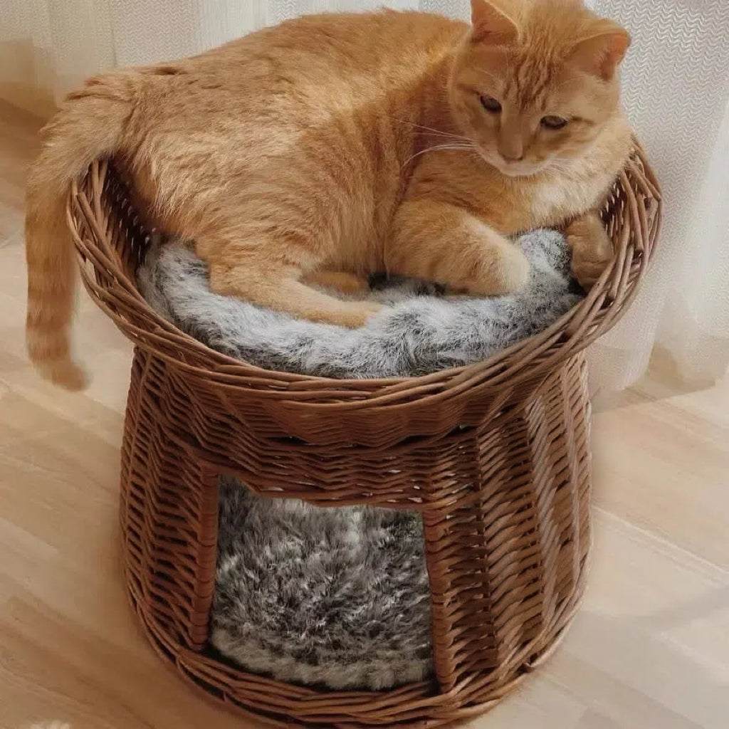 手編み猫用２段ラタンベッド　天然籐 猫多頭飼い　ダブルベッド